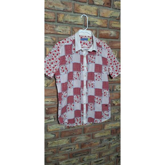 Men's quilt-style patchwork short-sleeved shirt- Size L- 100% cotton- Sweet! - Picture 1 of 7